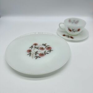 Vintage Fire King Plates Fleurette Red Flower Milk Glass 3 Piece Place Setting
